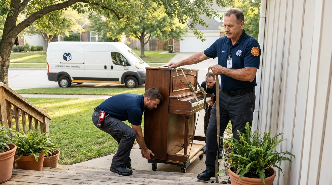 Licensed piano movers securing grand piano in Burlingame, CA