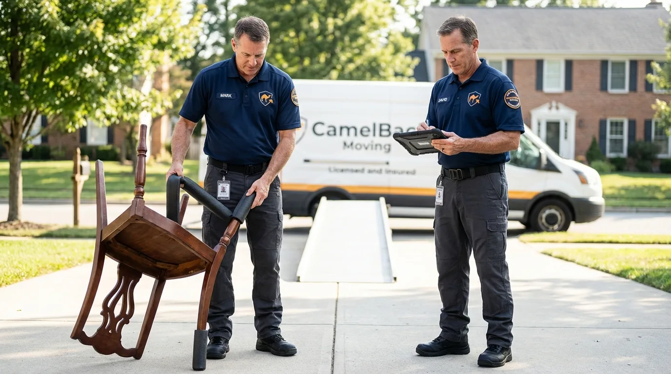 Movers inspecting furniture for damage prevention before loading in Burlingame, CA