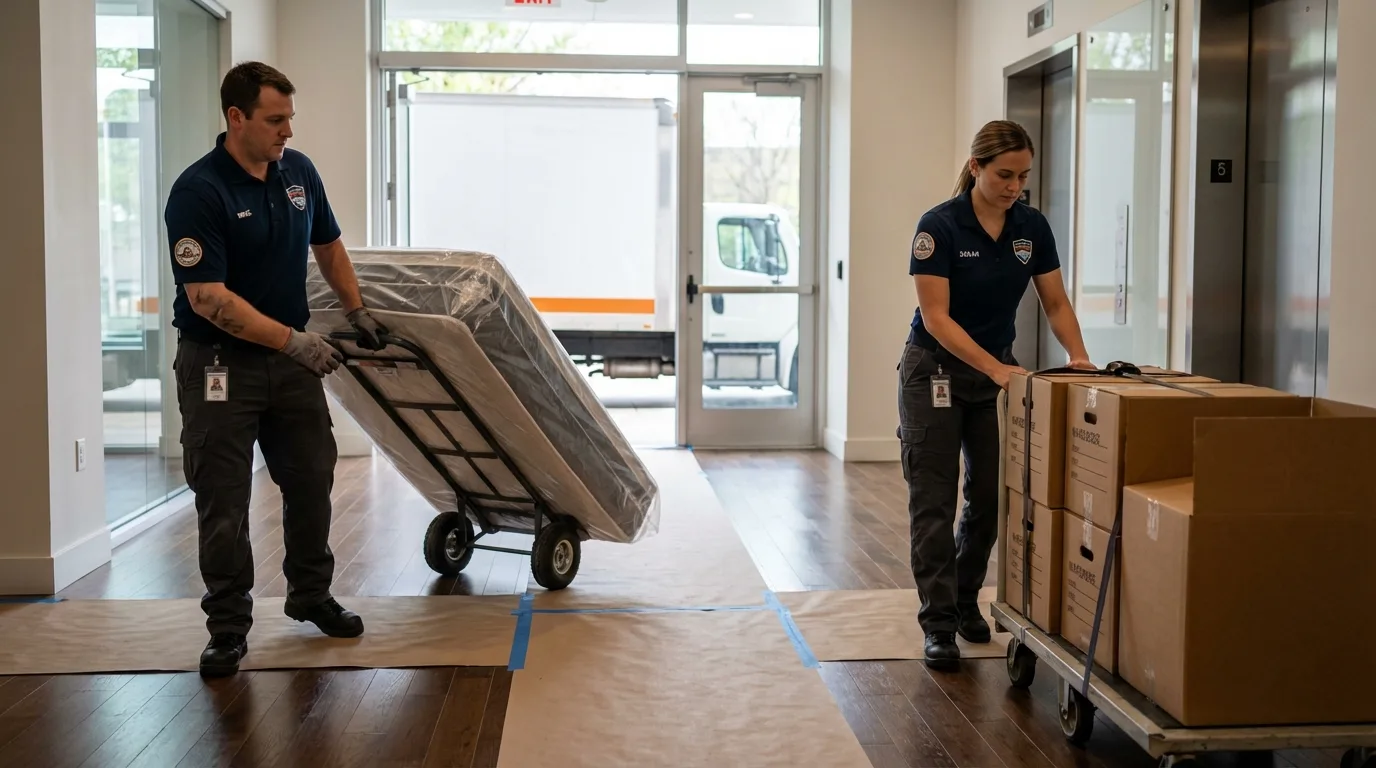 Professional apartment movers loading elevator in Burlingame, CA