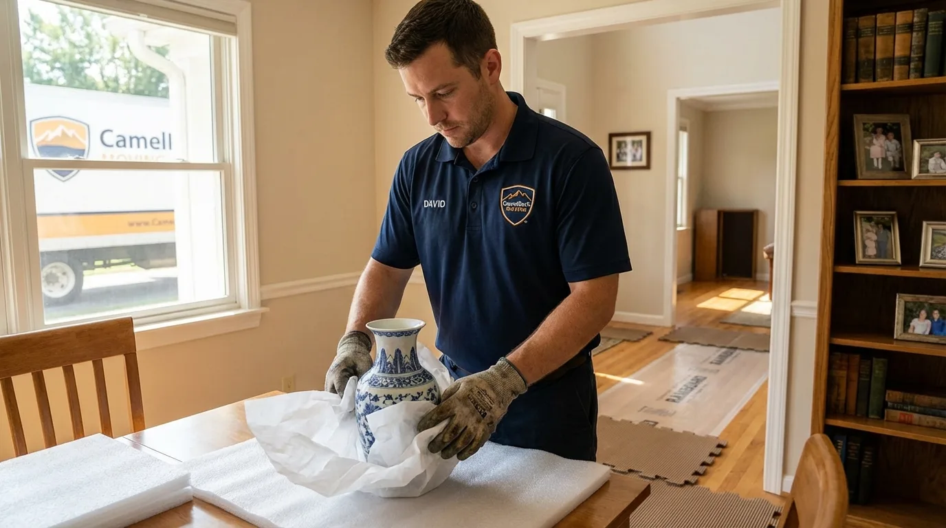 Professional crew carefully wrapping antique vase for senior downsizing move in Burlingame, CA